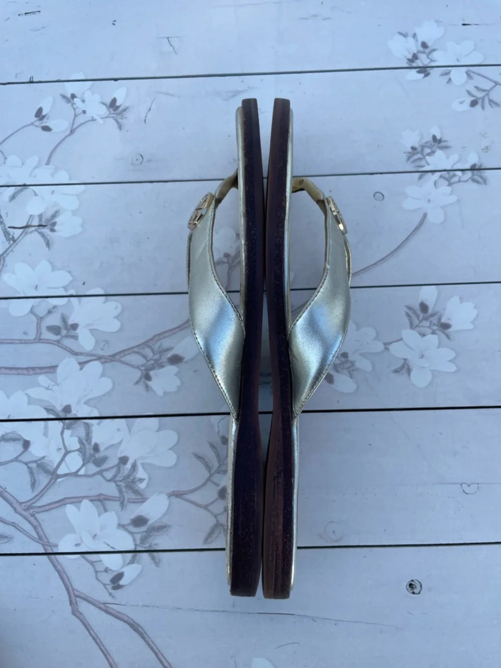 Tory Burch Metallic Gold Thong Sandals with Logo Medallion